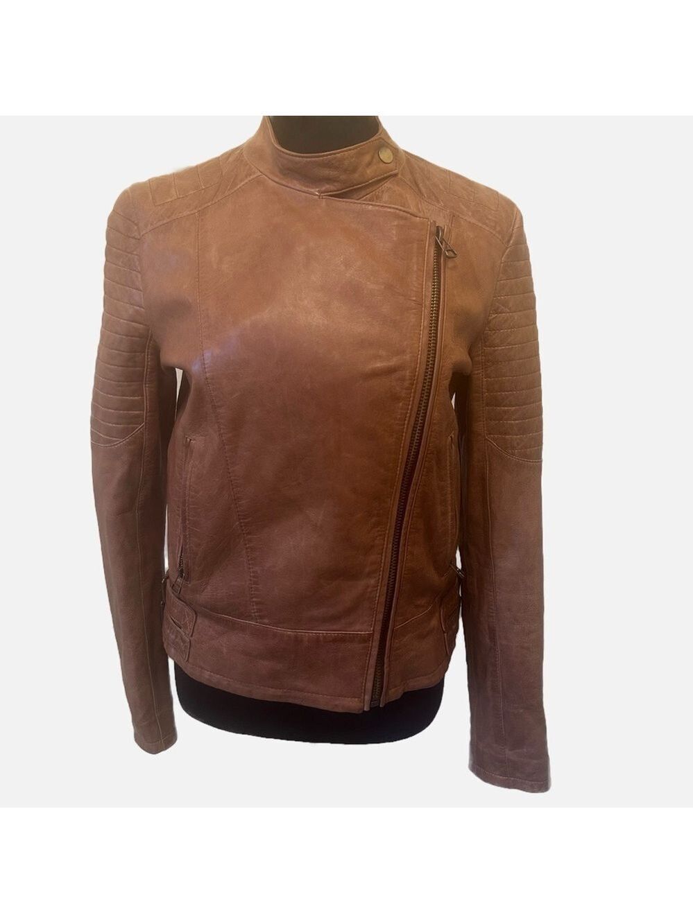 MANGO Women’s Leather Moto Biker Jacket Brown Streetwear